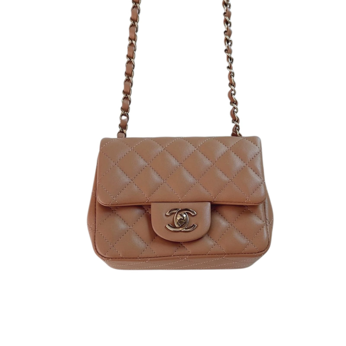 CARAMEL QUILTED LAMBSKIN LEATHER CLASSIC MINI SQUARE FLAP BAG