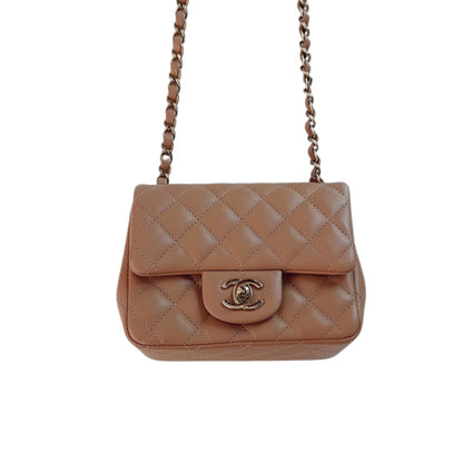 CARAMEL QUILTED LAMBSKIN LEATHER CLASSIC MINI SQUARE FLAP BAG