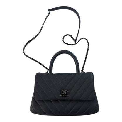 BLACK CHEVRON CAVIAR LEATHER MINI SO BLACK COCO TOP HANDLE BAG