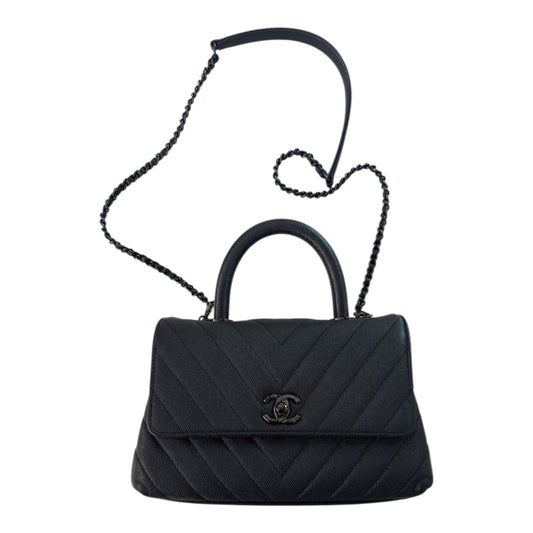 BLACK CHEVRON CAVIAR LEATHER MINI SO BLACK COCO TOP HANDLE BAG