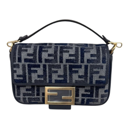 DARK BLUE DENIM EFFECT JACQUARD FF PRINT BAGUETTE  MINI BAG