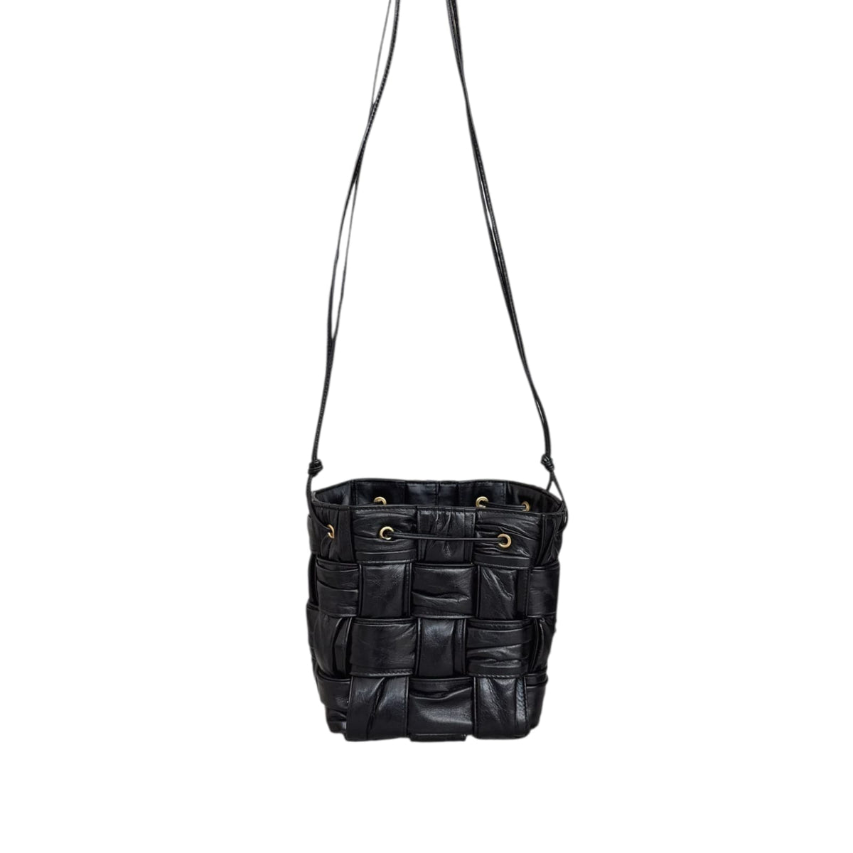 BLACK PLISSE INTRECCIATO LEATHER SMALL CASSETTE BUCKET BAG