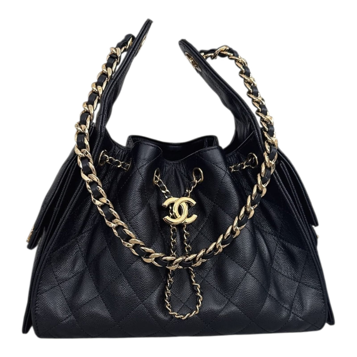BLACK GRAINED  CALFSKIN LEATHER CHANEL 25 SMALL HOBO BAG GOLD TONE METAL