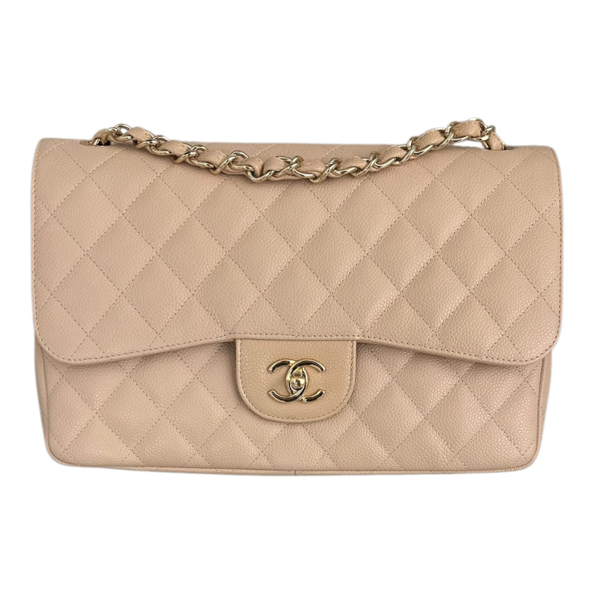 BEIGE CAVIAR LEATHER LARGE CLASSIC DOUBLE FLAP HANDBAG