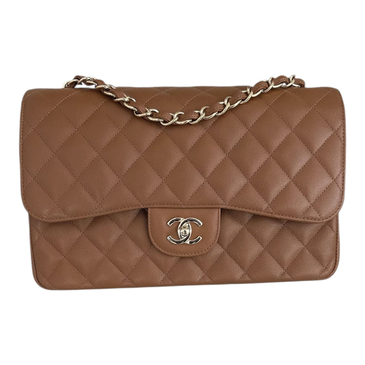 BROWN CAVIAR LEATHER LARGE CLASSIC DOUBLE FLAP HANDBAG