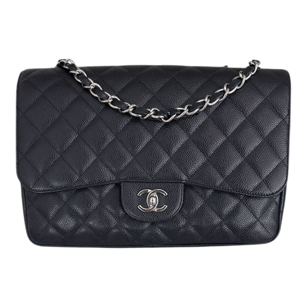 BLACK CAVIAR LEATHER LARGE CLASSIC SINGLE FLAP HANDBAG SILVER HARDWARE