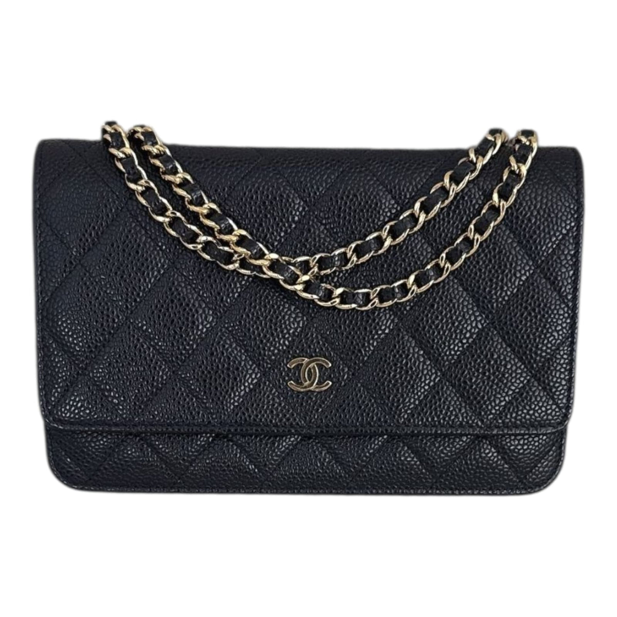 BLACK CAVIAR LEATHER WALLET ON CHAIN GOLD HARDWARE