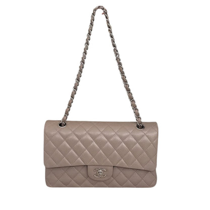 BEIGE TAUPE CAVIAR LEATHER MEDIUM CLASSIC DOUBLE FLAP HANDBAG