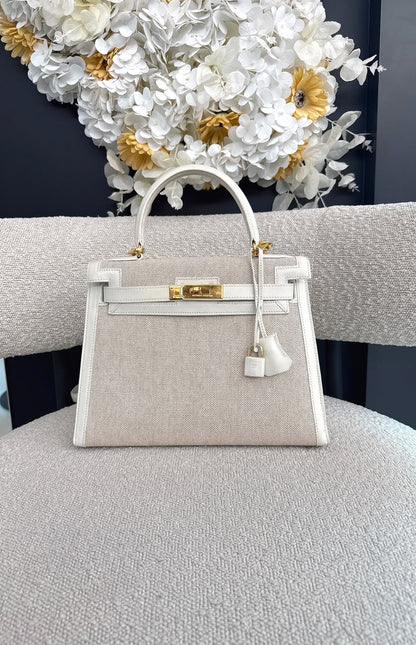 BEIGE CANVAS AND WHITE LEATHER KELLY SELLIER 28 GOLD HARDWARE