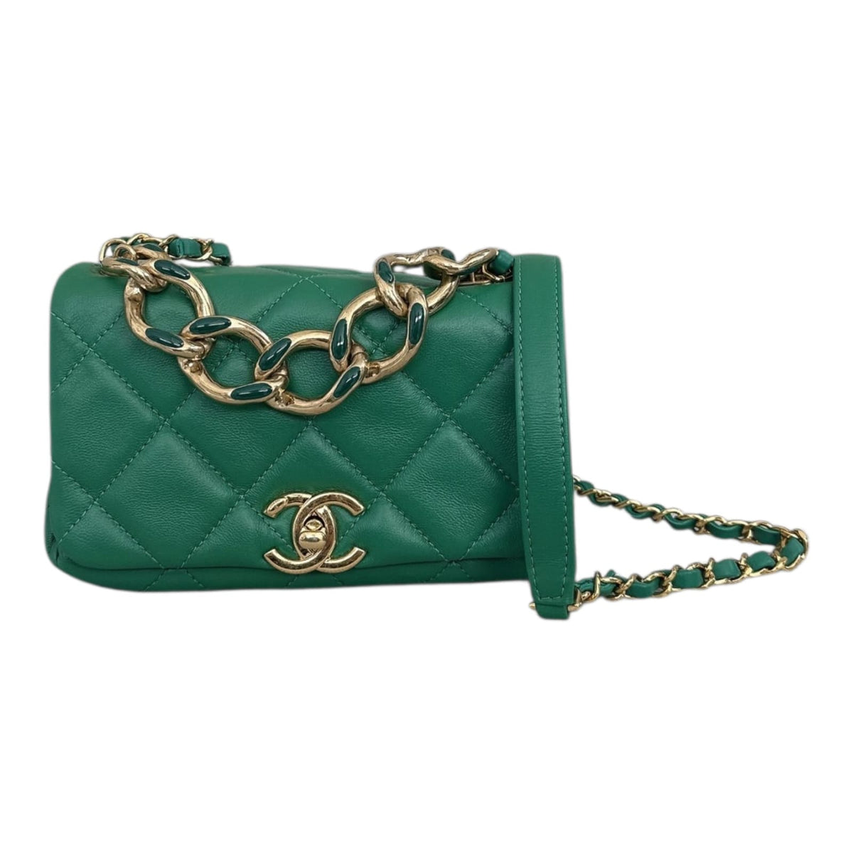 GREEN LAMBSKIN QUILTED COLOR MATCH MINI FLAP BAG GOLD HARDWARE