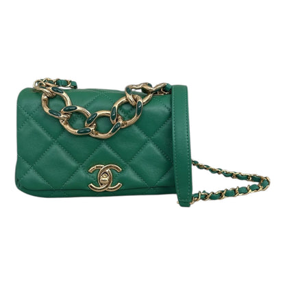 GREEN LAMBSKIN QUILTED COLOR MATCH MINI FLAP BAG GOLD HARDWARE