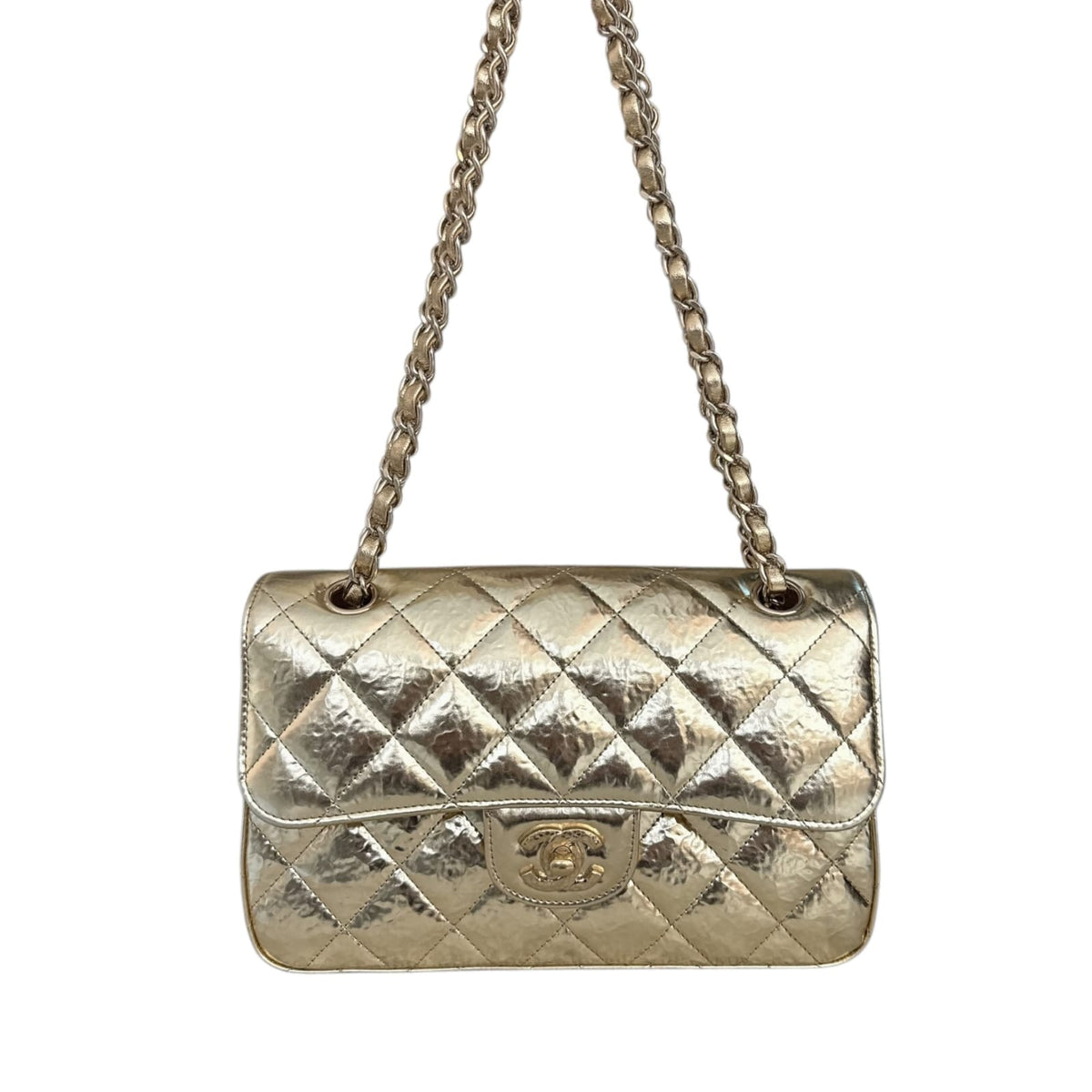 GOLD HAMMERED METALLIC CALFSKIN SMALL CLASSIC DOUBLE FLAP BAG GOLD HARDWARE