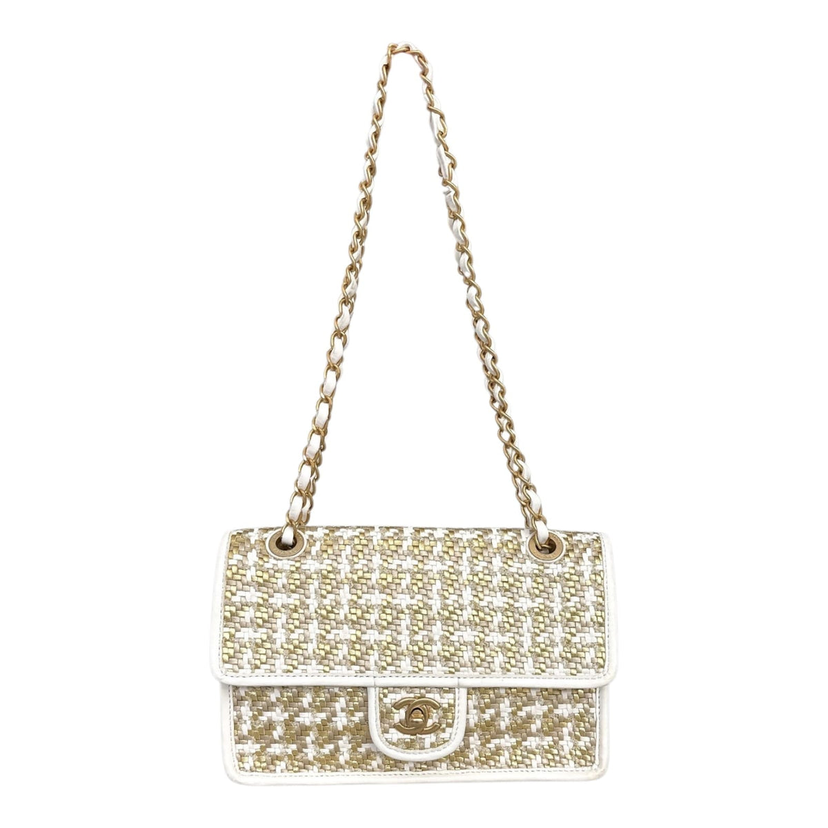 GOLD AND WHITE METALLIC LAMBSKIN VISCOSE WOVEN MEDIUM FLAP  BAG