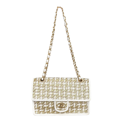GOLD AND WHITE METALLIC LAMBSKIN VISCOSE WOVEN MEDIUM FLAP  BAG