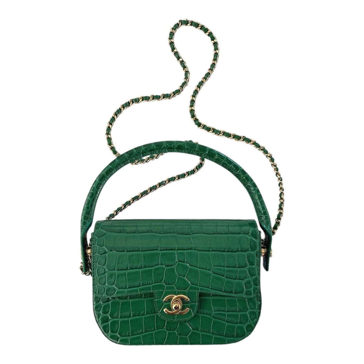 GREEN CALFSKIN AND CROCODILE EMBOSSED LEATHER SMALL TOP HANDLE FLAP BAG GOLD HARDWARE