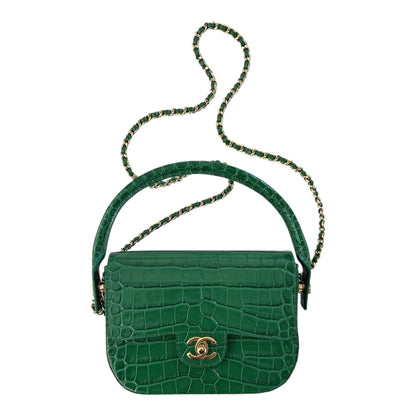 GREEN CALFSKIN AND CROCODILE EMBOSSED LEATHER SMALL TOP HANDLE FLAP BAG GOLD HARDWARE