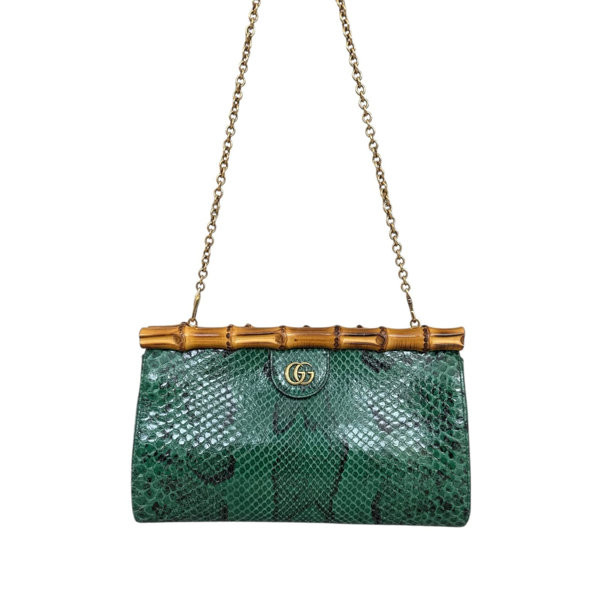 EMERALD GREEN PYTHON LEATHER DIANA BAMBOO TOP HANDLE CLUTCH