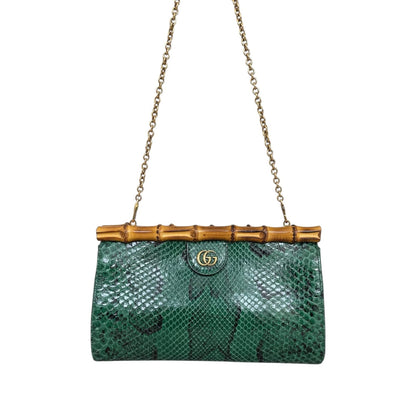 EMERALD GREEN PYTHON LEATHER DIANA BAMBOO TOP HANDLE CLUTCH