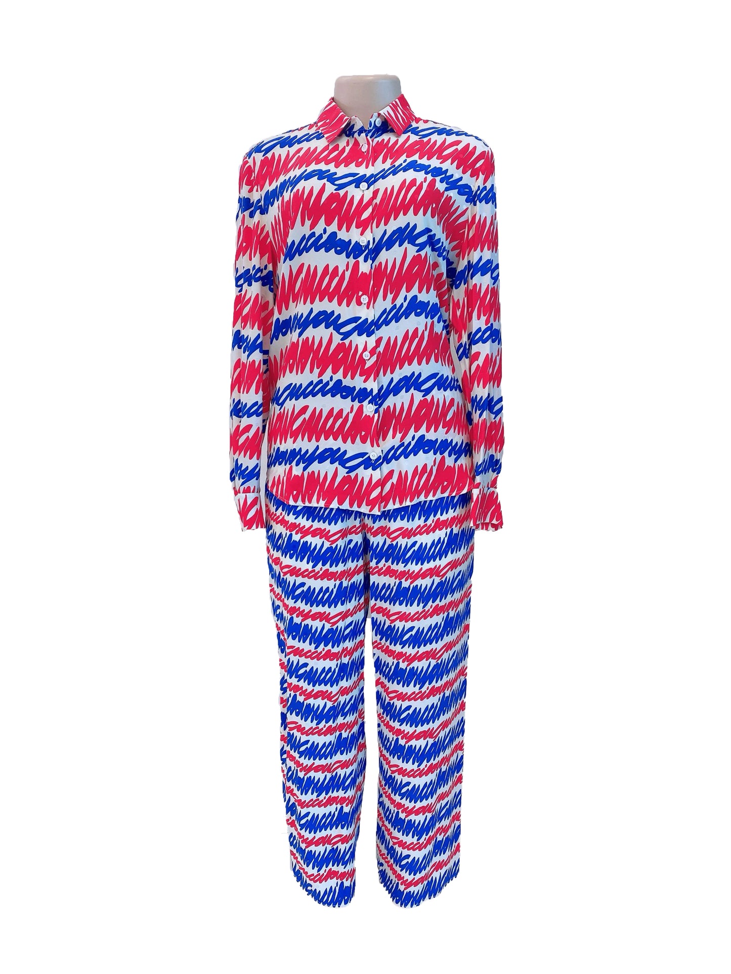 RED WHITE BLUE SCRIPT PRINT SHIRT AND TROUSER SET