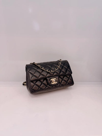 BLACK QUILTED LAMBSKIN RECTANGULAR MINI CLASSIC FLAP BAG