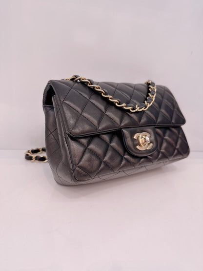BLACK QUILTED LAMBSKIN RECTANGULAR MINI CLASSIC FLAP BAG