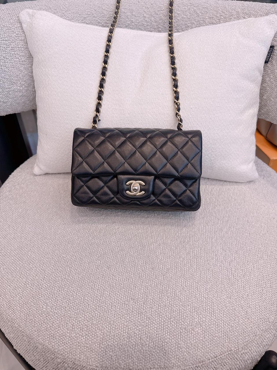 BLACK QUILTED LAMBSKIN RECTANGULAR MINI CLASSIC FLAP BAG