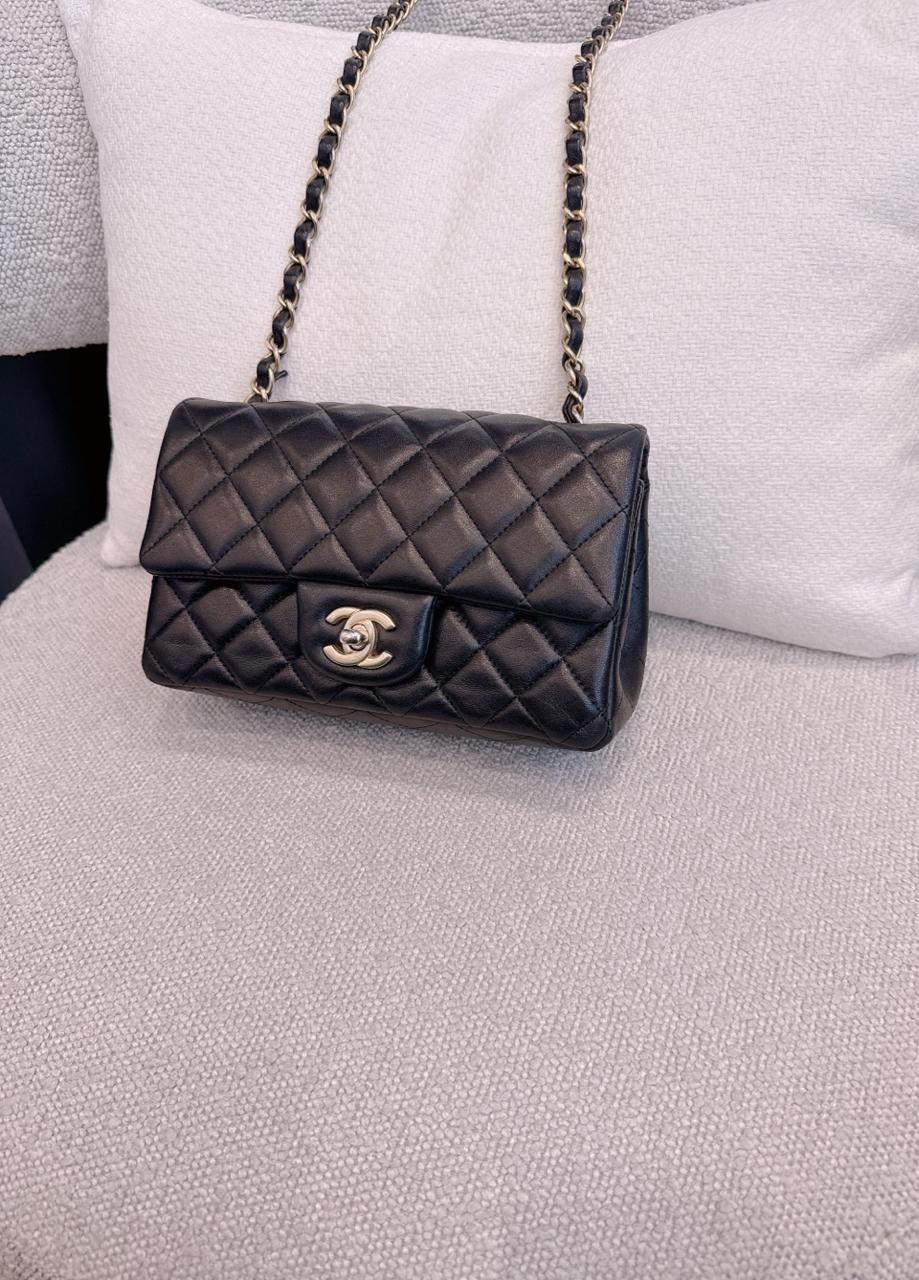BLACK QUILTED LAMBSKIN RECTANGULAR MINI CLASSIC FLAP BAG