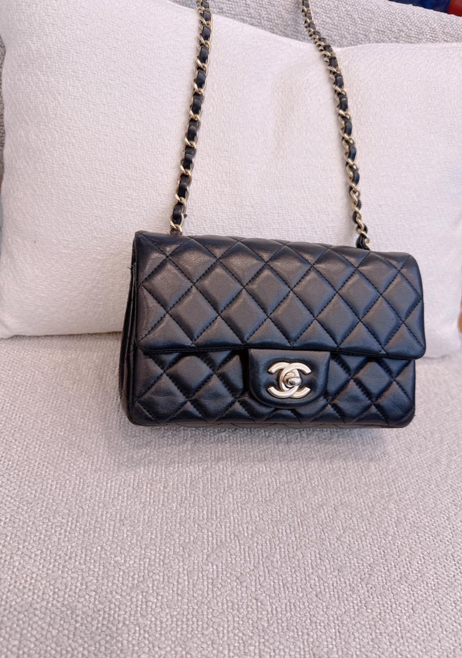BLACK QUILTED LAMBSKIN RECTANGULAR MINI CLASSIC FLAP BAG