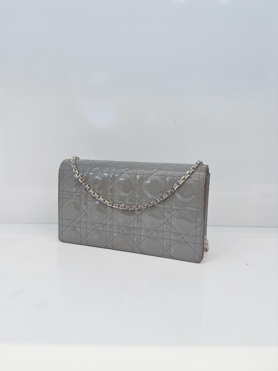 GRAY PATENT CANNAGE CALFSKIN LADY DIOR POUCH WITH CHAIN
