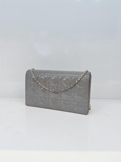 GRAY PATENT CANNAGE CALFSKIN LADY DIOR POUCH WITH CHAIN