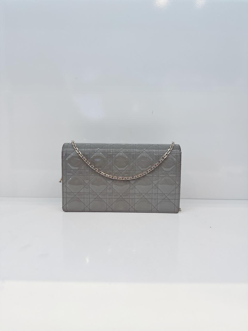 GRAY PATENT CANNAGE CALFSKIN LADY DIOR POUCH WITH CHAIN