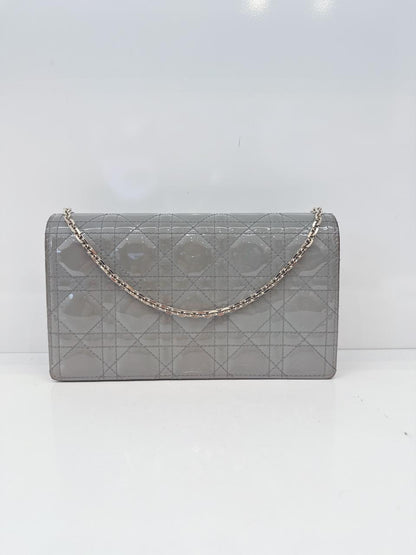 GRAY PATENT CANNAGE CALFSKIN LADY DIOR POUCH WITH CHAIN