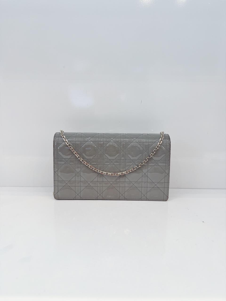 GRAY PATENT CANNAGE CALFSKIN LADY DIOR POUCH WITH CHAIN