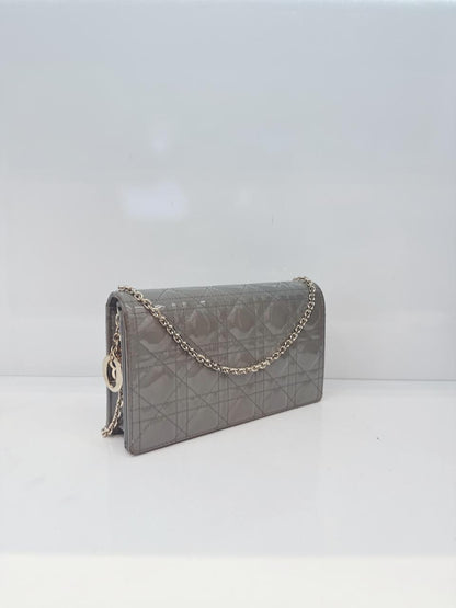 GRAY PATENT CANNAGE CALFSKIN LADY DIOR POUCH WITH CHAIN