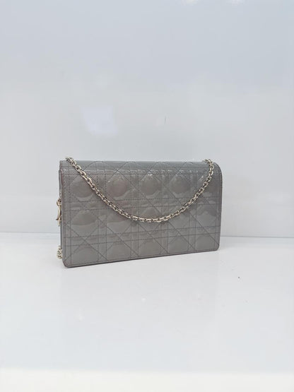 GRAY PATENT CANNAGE CALFSKIN LADY DIOR POUCH WITH CHAIN