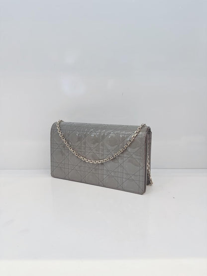 GRAY PATENT CANNAGE CALFSKIN LADY DIOR POUCH WITH CHAIN