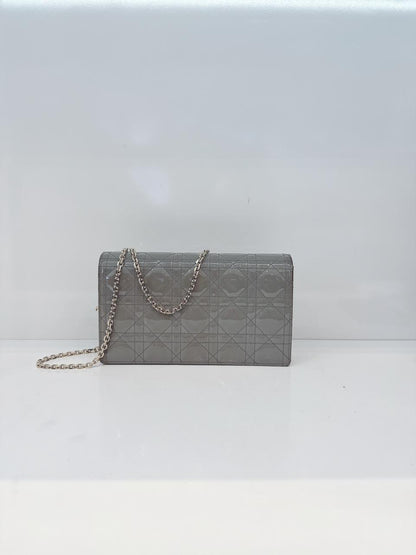 GRAY PATENT CANNAGE CALFSKIN LADY DIOR POUCH WITH CHAIN