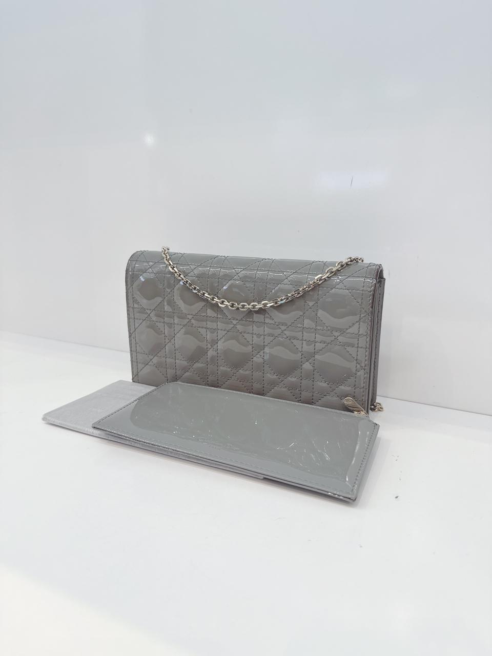 GRAY PATENT CANNAGE CALFSKIN LADY DIOR POUCH WITH CHAIN
