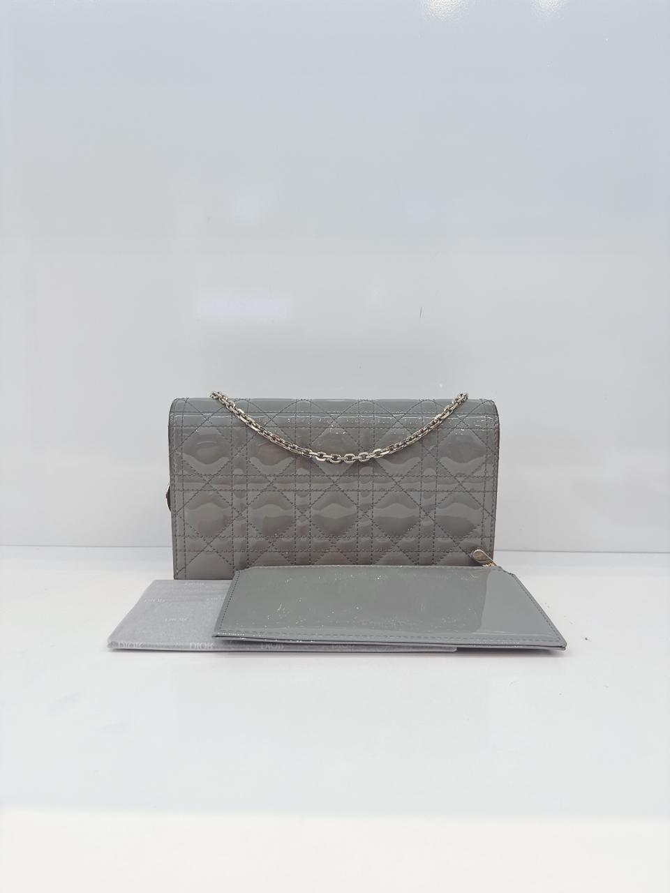 GRAY PATENT CANNAGE CALFSKIN LADY DIOR POUCH WITH CHAIN