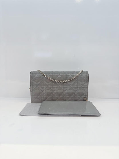 GRAY PATENT CANNAGE CALFSKIN LADY DIOR POUCH WITH CHAIN