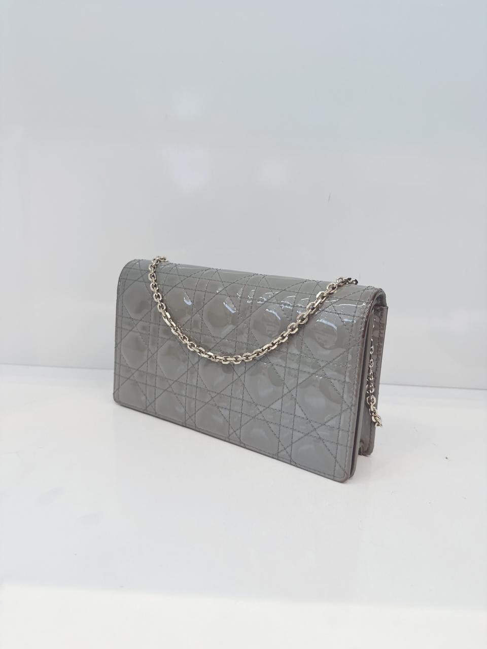 GRAY PATENT CANNAGE CALFSKIN LADY DIOR POUCH WITH CHAIN