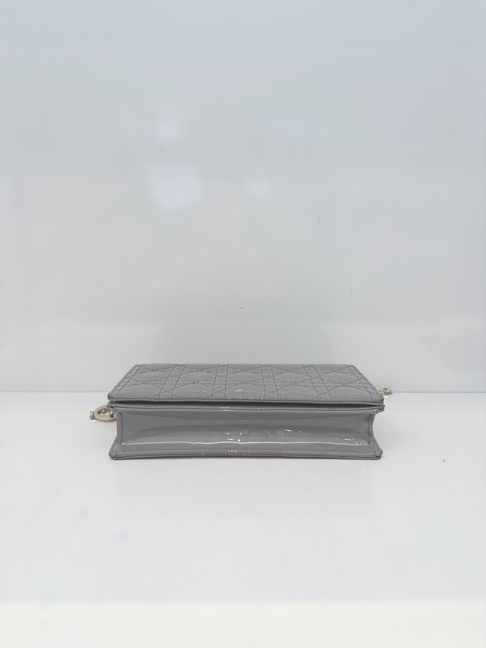 GRAY PATENT CANNAGE CALFSKIN LADY DIOR POUCH WITH CHAIN