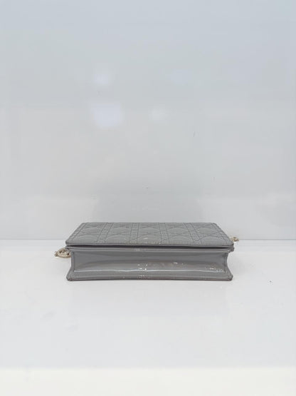 GRAY PATENT CANNAGE CALFSKIN LADY DIOR POUCH WITH CHAIN
