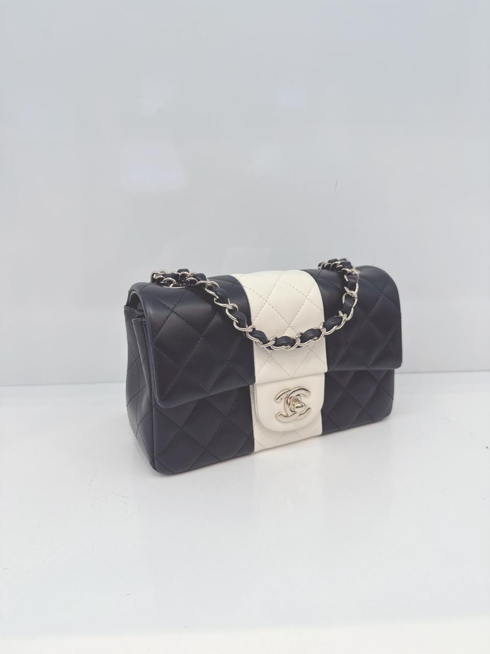 CHANEL BLACK AND WHITE QUILTED LAMBSKIN LEATHER CLASSIC MINI FLAP BAG LIGHT GOLD HARDWARE