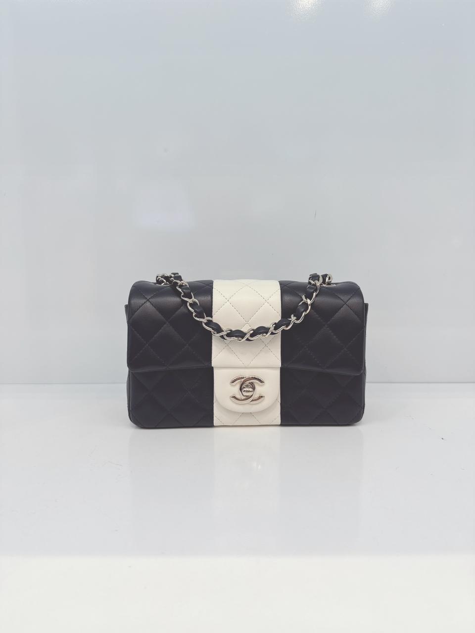 CHANEL BLACK AND WHITE QUILTED LAMBSKIN LEATHER CLASSIC MINI FLAP BAG LIGHT GOLD HARDWARE