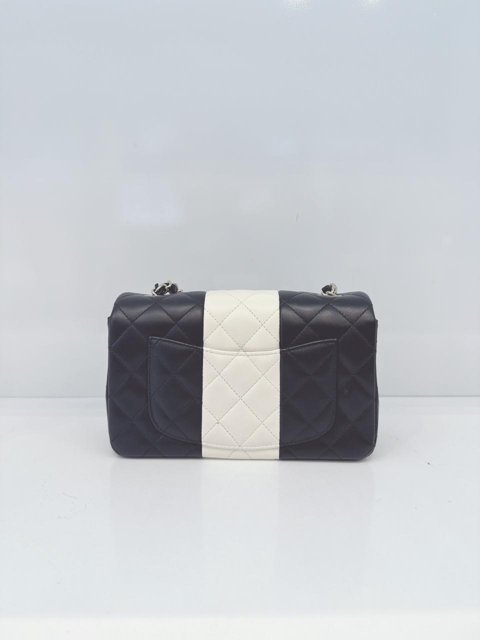 CHANEL BLACK AND WHITE QUILTED LAMBSKIN LEATHER CLASSIC MINI FLAP BAG LIGHT GOLD HARDWARE