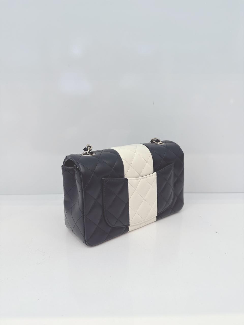 CHANEL BLACK AND WHITE QUILTED LAMBSKIN LEATHER CLASSIC MINI FLAP BAG LIGHT GOLD HARDWARE