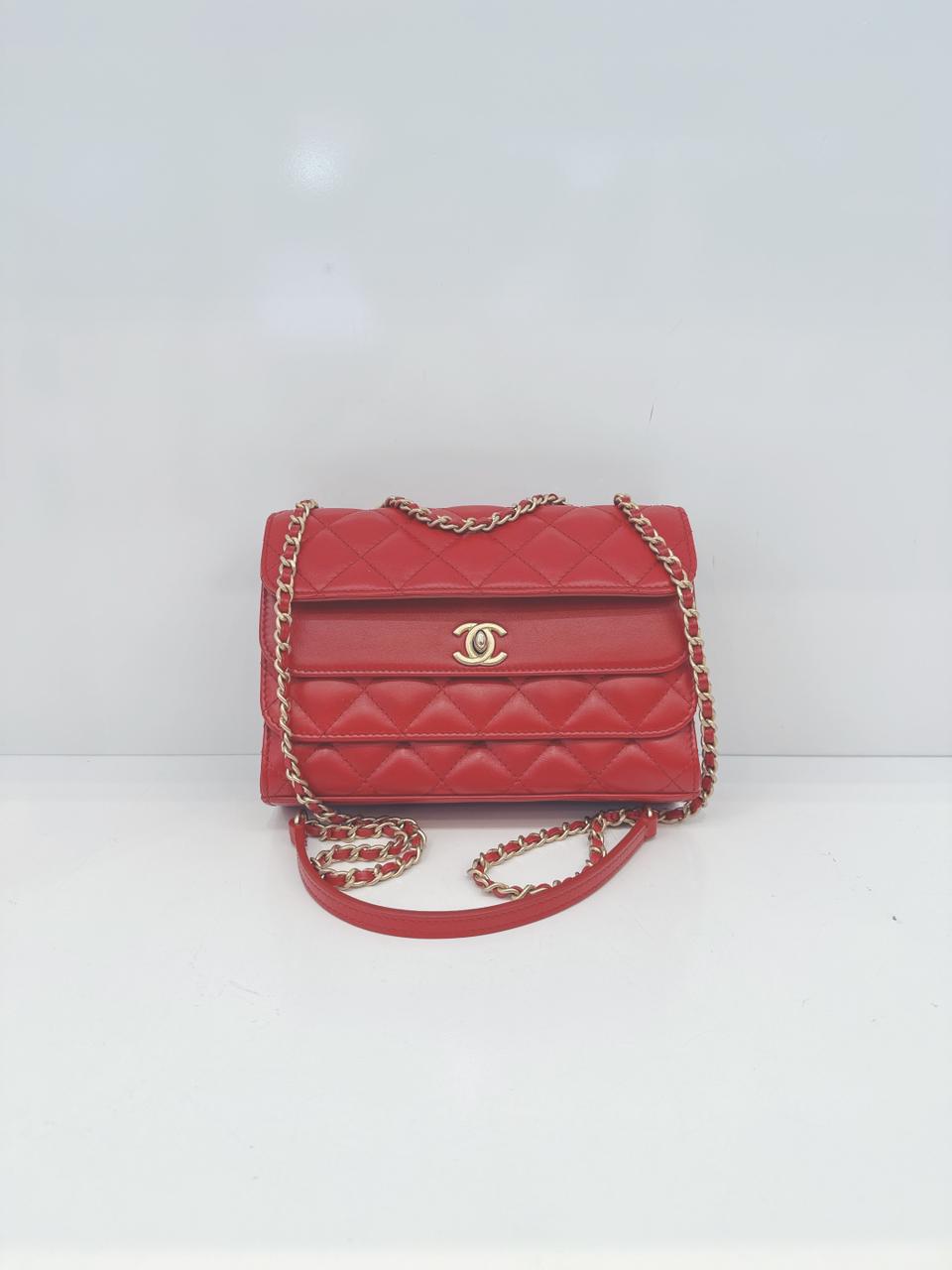 RED QUILTED CALFSKIN LEATHER TRIPLE FLAP BAG
