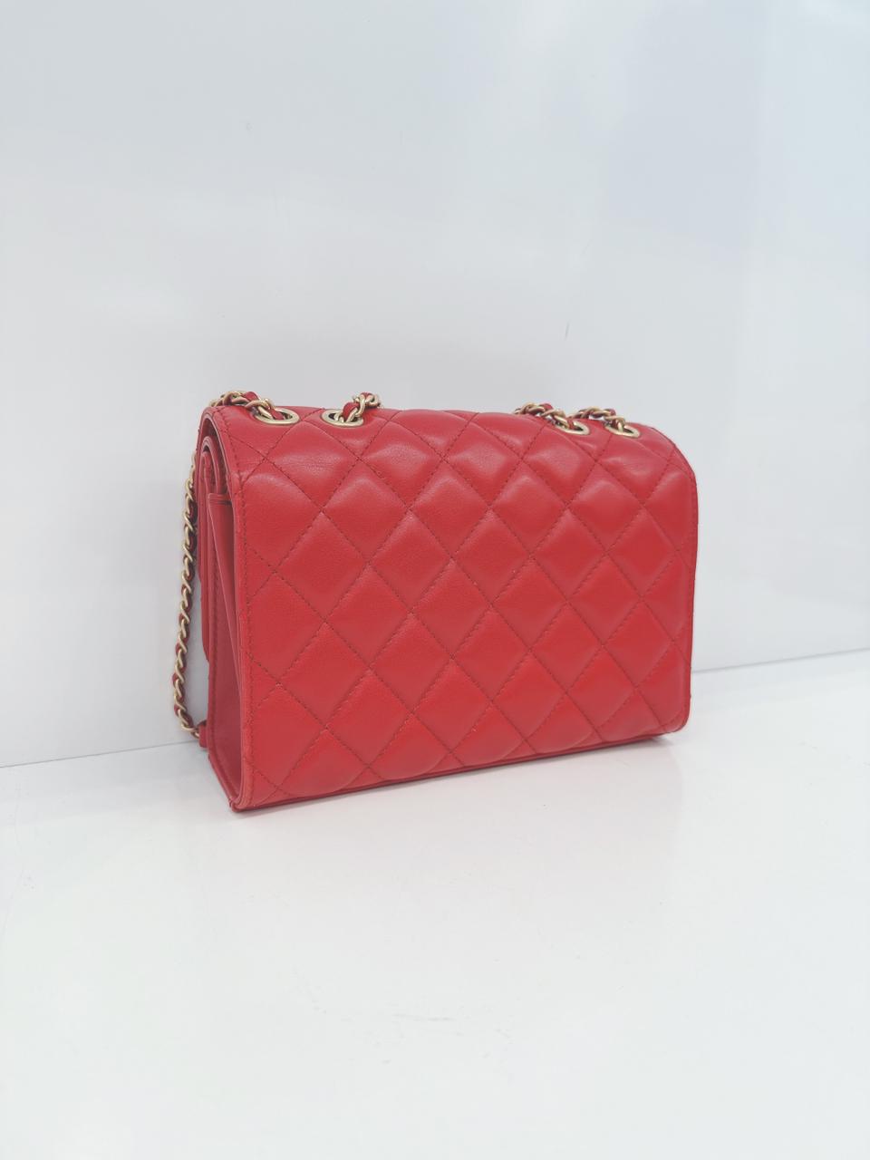 RED QUILTED CALFSKIN LEATHER TRIPLE FLAP BAG
