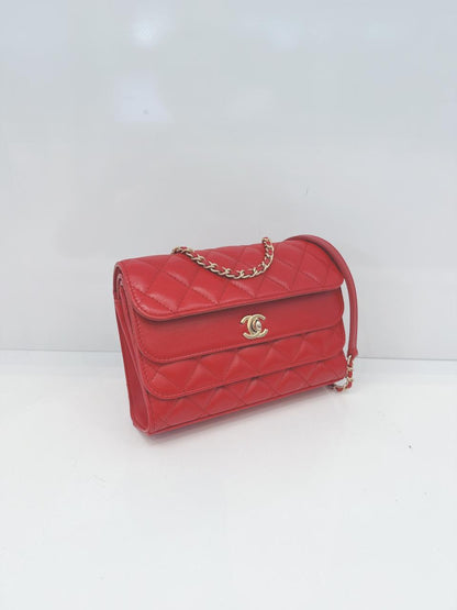 RED QUILTED CALFSKIN LEATHER TRIPLE FLAP BAG
